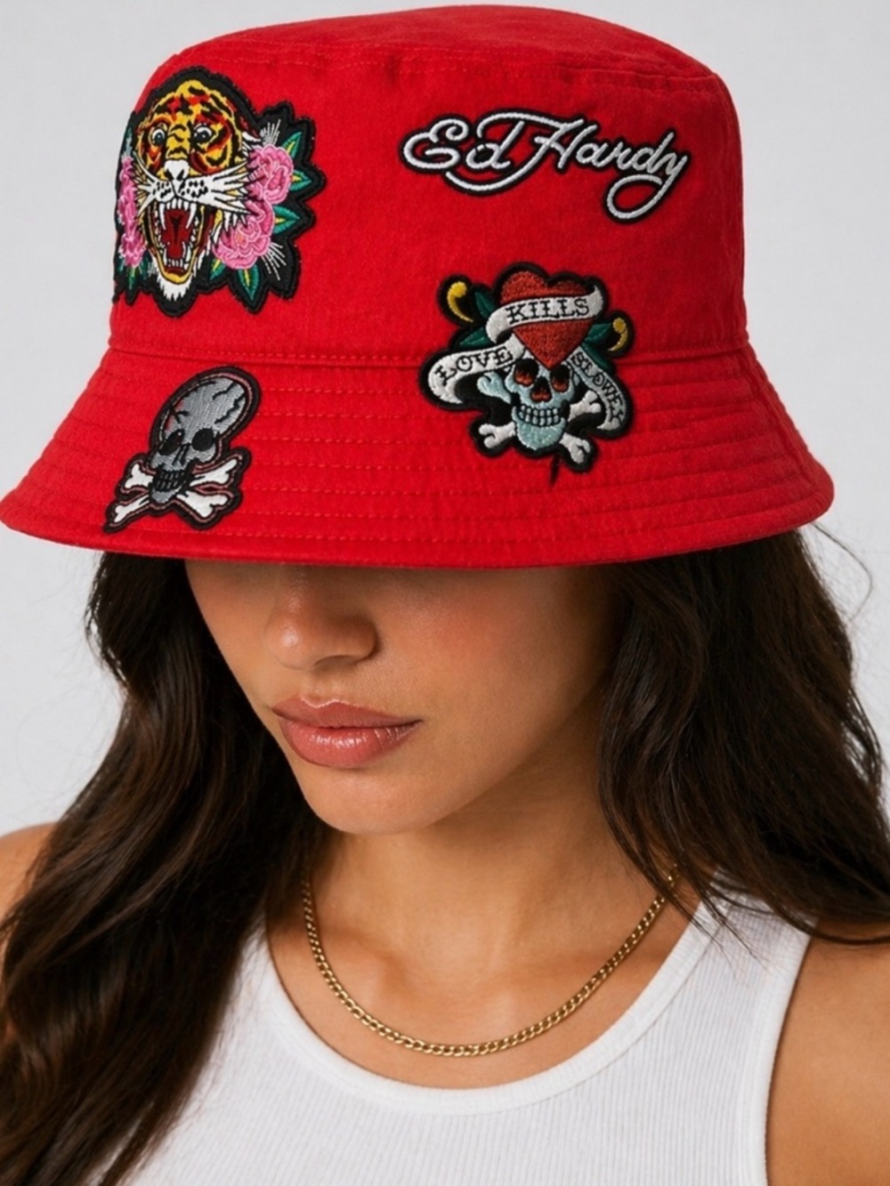 Ed Hardy Red Bucket Hat with Embroidered Skull & Tiger Patches Unisex